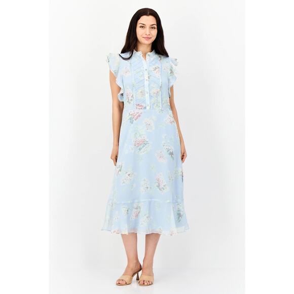 Lauren Ralph Lauren Ruffle Midi Dress Blue Floral Belted Chiffon Sz 12 - Picture 1 of 10